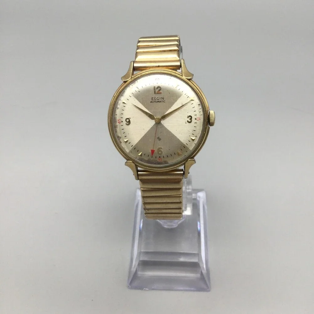 Vintage Elgin 607 Automatic Mens Watch 34mm 10K Gold Filled Case Stretch Band